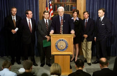 Former House judiciary committee chairman Henry Hyde leads a press conference following the historic house vote on 8 October 1998 to begin an official impeachment inquiry against Bill Clinton. Joining Hyde are Republican representatives Asa Hutchinson, Robert Goodlatte, Bill McCollum, Mary Bono, Lindsey Graham and James Rogan.Photograph: Win McNamee/Reuters
