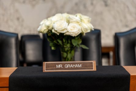 An empty chair and floral bouquet commemorate Lindsey Graham ahead of a Senate judiciary committee confirmation hearing, at the Dirksen Senate office building in Washington DC on WednesdayPhotograph: Nathan Posner/Shutterstock