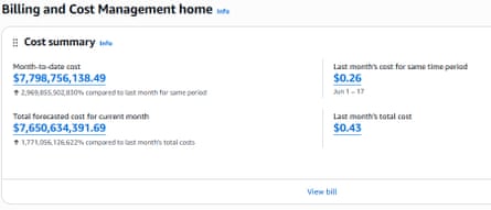 The erroneous Amazon Web Services bill sent to a UK charity.Photograph: Learning Through Landscapes