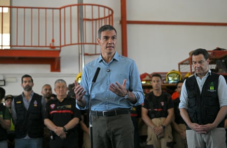 Spain’s prime minister, Pedro Sánchez, addresses the media after a wildfire killed at least 13 people in Almería province.Photograph: Jorge Guerrero/AFP/Getty Images