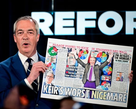 Nigel Farage points to coverage inside the Sun during a Reform campaign speech at a working men’s club in Durham last year.Photograph: Victoria Jones/REX/Shutterstock