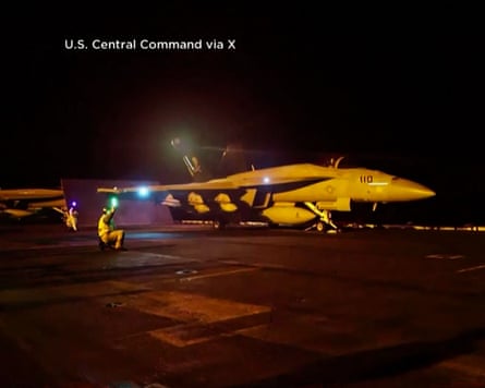 A screengrab from video released by US Central Command on 17 July shows a military jet launching what the US military says was a strike on Iranian military targets.Photograph: US Central Command/AFP/Getty Images