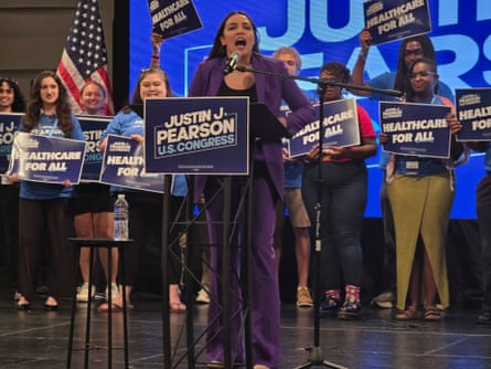 Alexandria Ocasio-Cortez, a representative of New York, speaks at a campaign rally for Justin Pearson.Photograph: George Chidi/The Guardian