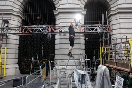 The media setting up positions outside No 10 in preparation for Burnham’s arrival on Monday.Photograph: Ryan Jenkinson/Getty Images
