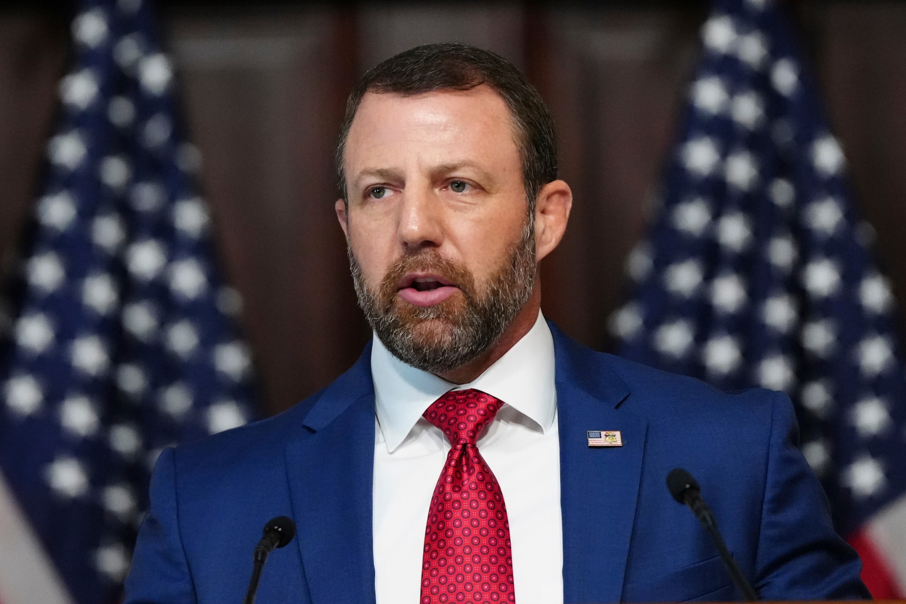 Homeland Security Secretary Markwayne Mullin speaks in the Indian Treaty Room at the Eisenhower Executive Office Building on the White House campus, Friday, July 17, 2026, in Washington.Julia Demaree Nikhinson/AP Photo