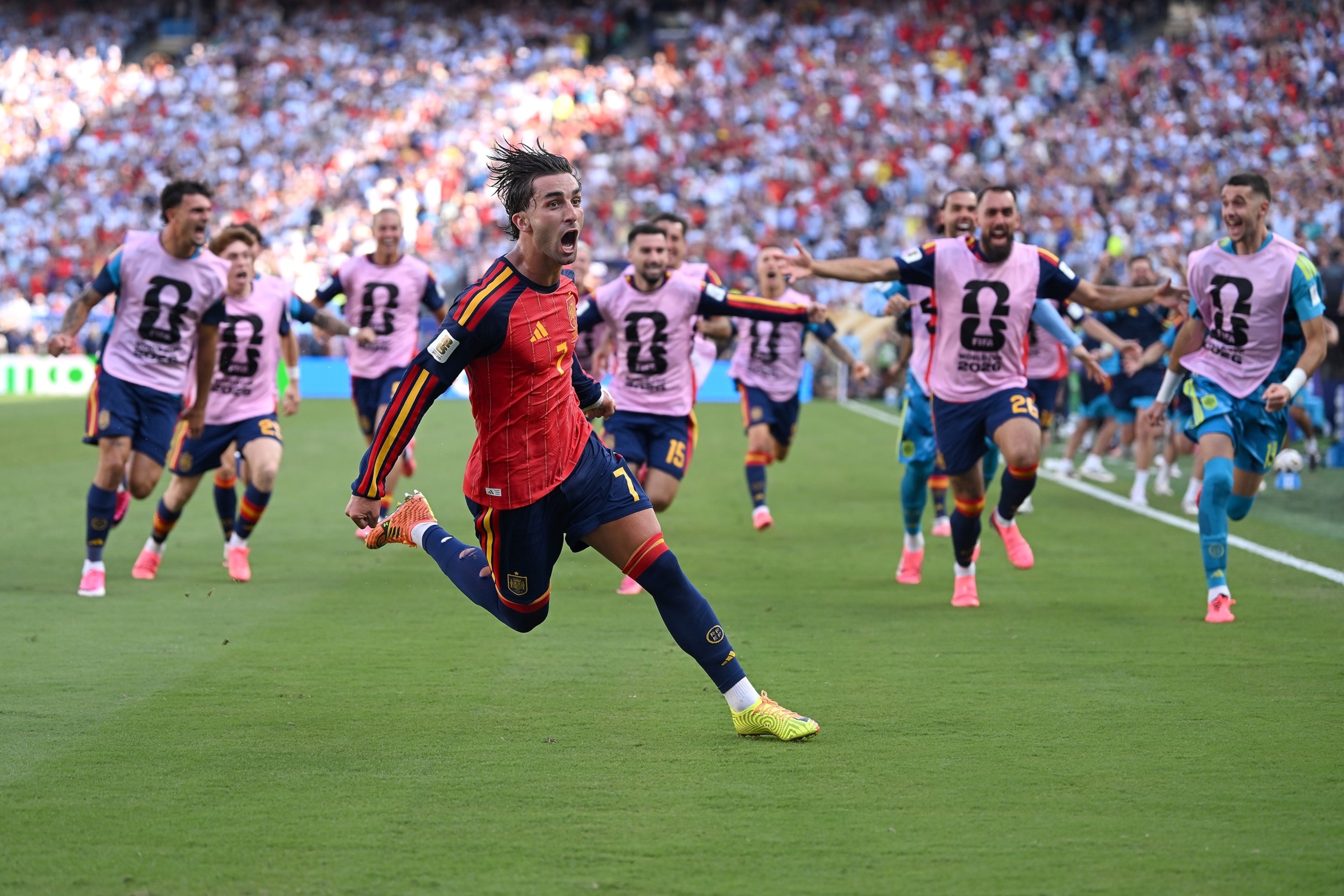 Spain's midfielder Rodri lifts the trophy with his teammates after defeating Argentina to win the FIFA World Cup 2026 football tournament in East Rutherford, July 19, 2026.Juan Mabromata/AFP via Getty Images