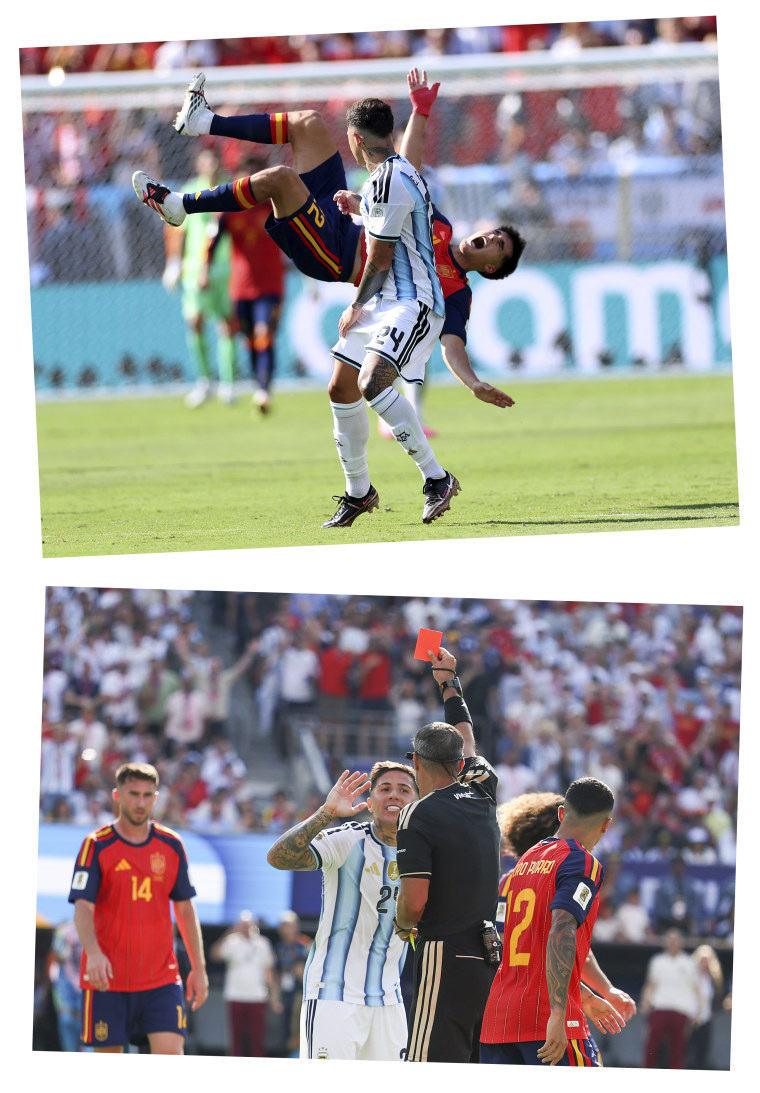 Enzo Fernandez of Argentina fouls Pau Cubarsi of Spain, resulting in a red card during the World Cup final match at New York New Jersey Stadium.Getty Images