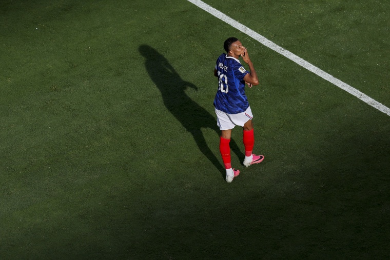 Kylian Mbappe of France celebrates a goal against Sweden in East Rutherford, N.J.Maddie Meyer / FIFA via Getty Images