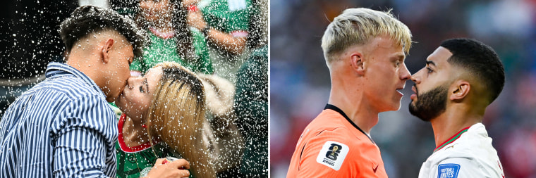 From left: Mexico fans kiss at the Angel of Independence in Mexico City ahead of the match against South Korea; Netherlands' defender Jan Paul Van Hecke, left, and Morocco's midfielder Ismael Saibari face off during their match in Guadalupe, Mexico.Getty Images