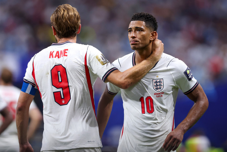 Harry Kane and Jude Bellingham of England after their loss to Argentina at Atlanta Stadium.Julian Finney / FIFA via Getty Images