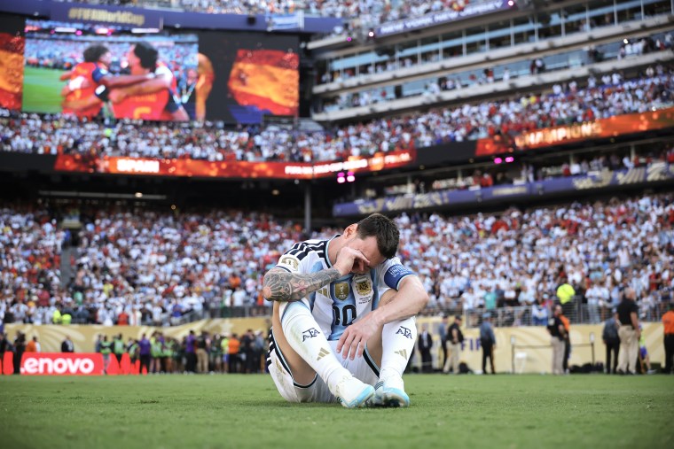 Lionel Messi of Argentina reacts after his team's 0-1 loss to Spain in the final match of the 2026 World Cup at New York New Jersey Stadium.Hector Vivas / FIFA via Getty Images
