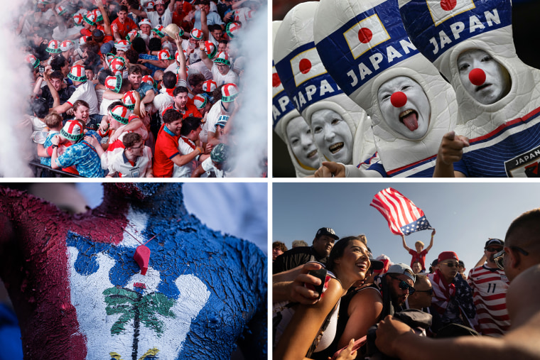 Clockwise from top left: A watch party in London; Japan supporters in Houston; U.S. fans at Los Angeles Stadium; a Haiti supporter in Port-au-Prince.Getty Images