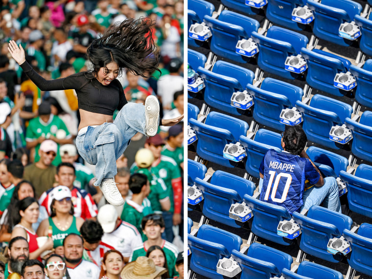 From left: Mexico supporters during a match against Ecuador in Guadalajara, Mexico; A fan at Boston Stadium pays homage to Kylian Mbappe of France.Getty Images