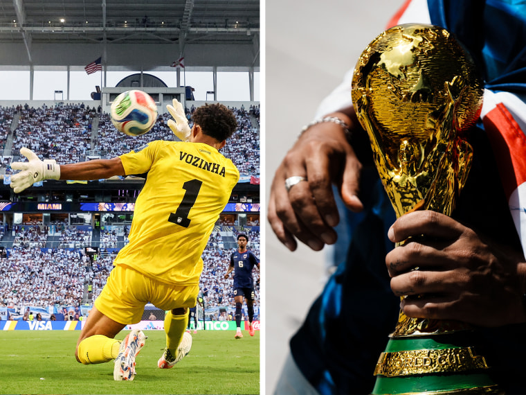 From left: Vozinha of Cape Verde during a match against Argentina in Miami Gardens, Fla.; A Cape Verde fan with a replica trophy in Houston.Getty Images