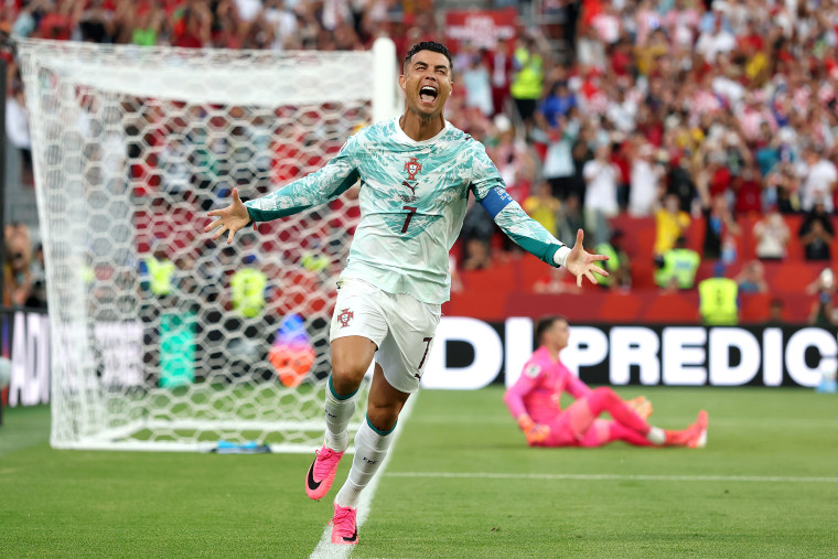 Cristiano Ronaldo of Portugal celebrates a goal against Croatia in Toronto.Patrick Smith / FIFA via Getty Images