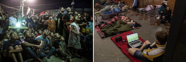 From left: Palestinian football fans in the Gaza Strip watch the match between Australia and Egypt in Khan Younis; A young fan follows the match between Belgium and Senegal while sheltering in a metro station during Russian air attacks in Kyiv.Getty Images