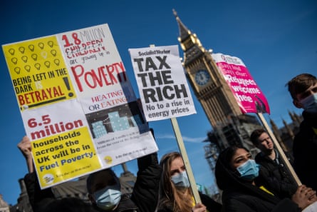 A demonstration in Parliament Square about the rising cost of living in February 2022. Liz Truss borrowed for her fuel subsidy scheme later that year, with disastrous results.Photograph: Chris J Ratcliffe/Getty