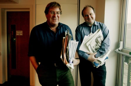 Stourton (left) with James Naughtie behind the scenes on the Today programme.Photograph: Martin Argles/The Guardian
