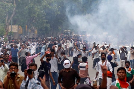 The protesters were vocal in their anger at Narendra Modi’s government and his ruling Bharatiya Janata party.Photograph: Shekhar Yadav/AP