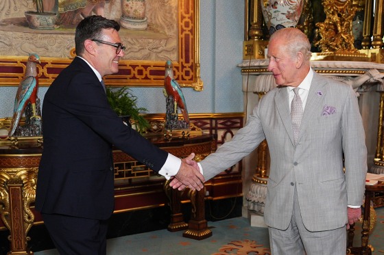 King Charles III welcomes Andy Burnham during an audience at Buckingham Palace on Monday.Aaron Chown / Getty Images