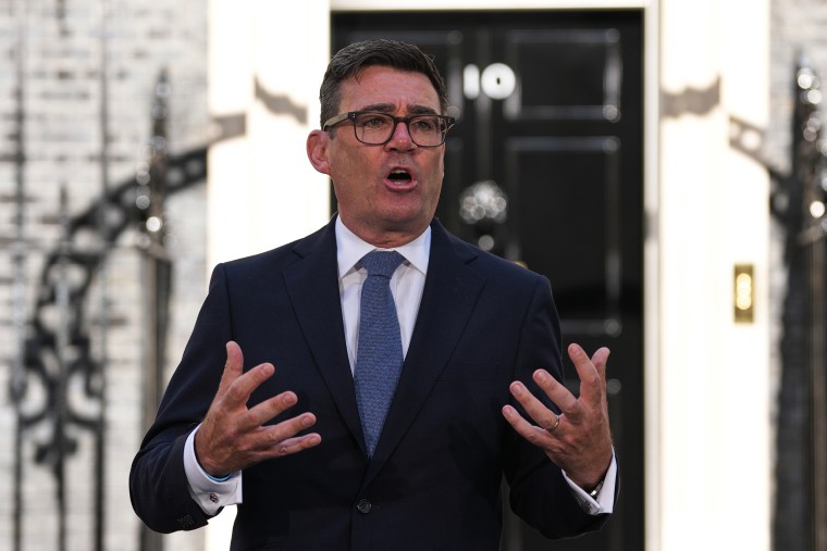 Britain's new Prime Minister Andy Burnham outside 10 Downing Street in London on Monday.Kirsty Wigglesworth / AP