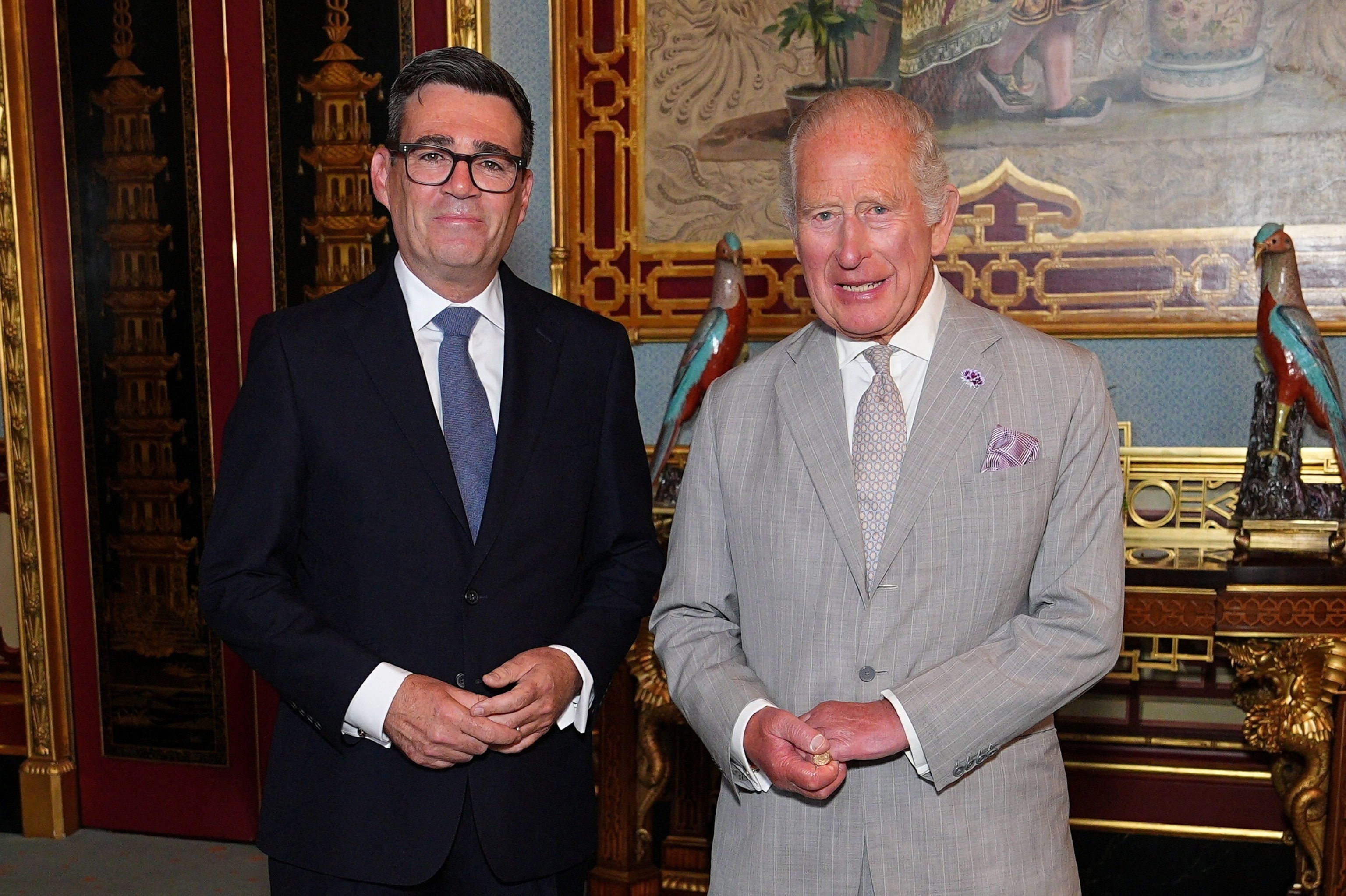 King Charles III welcomes incoming Prime Minister Andy Burnham during an audience at Buckingham Palace, London, on July 20, 2026.Aaron Chown/via Reuters