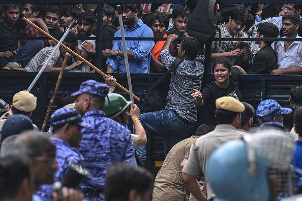 Image caption,There was heavy police deployment, with barricades and personnel stopping protesters from marching