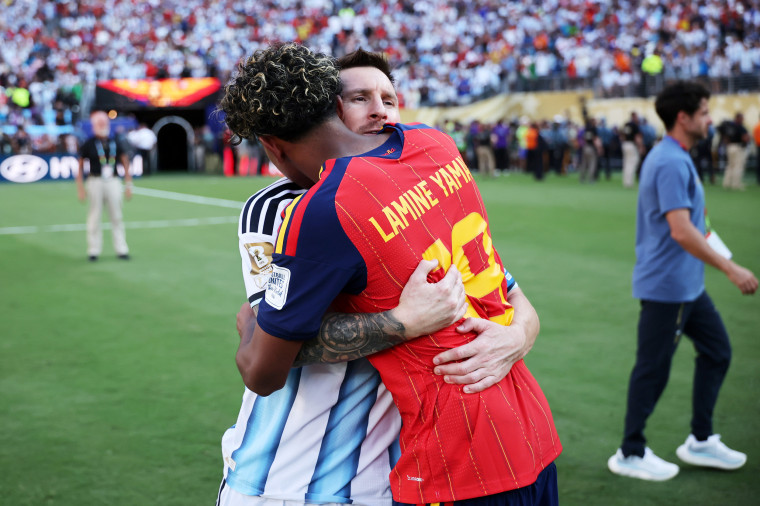 Lamine Yamal #19 of Spain is congratulated by Lionel Messi of Argentina after the 1-0 win in the World Cup final on July 19, 2026.Hector Vivas / FIFA via Getty Images