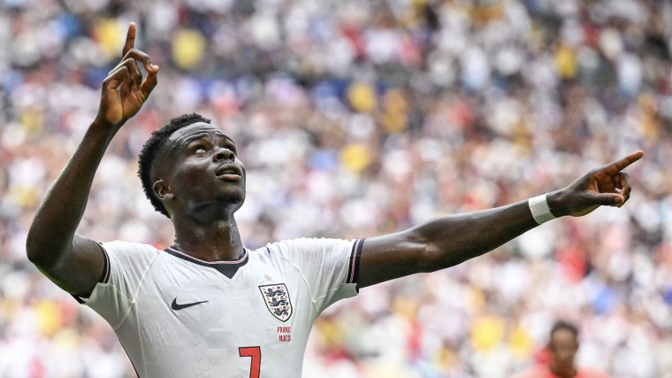England's Bukayo Saka celebrates during the 2026 World Cup football tournament third-place match between France and England at the Miami Stadium in Miami on July 18, 2026.Chandan Khanna / AFP via Getty Images