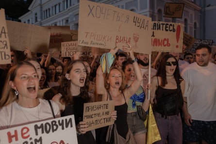 Protests began in Kyiv last week after Volodymyr Zelenskyy sacked Ukraine’s young and popular defence minister, Mykhailo Fedorov.Photograph: Roman Pilipey/AFP/Getty Images