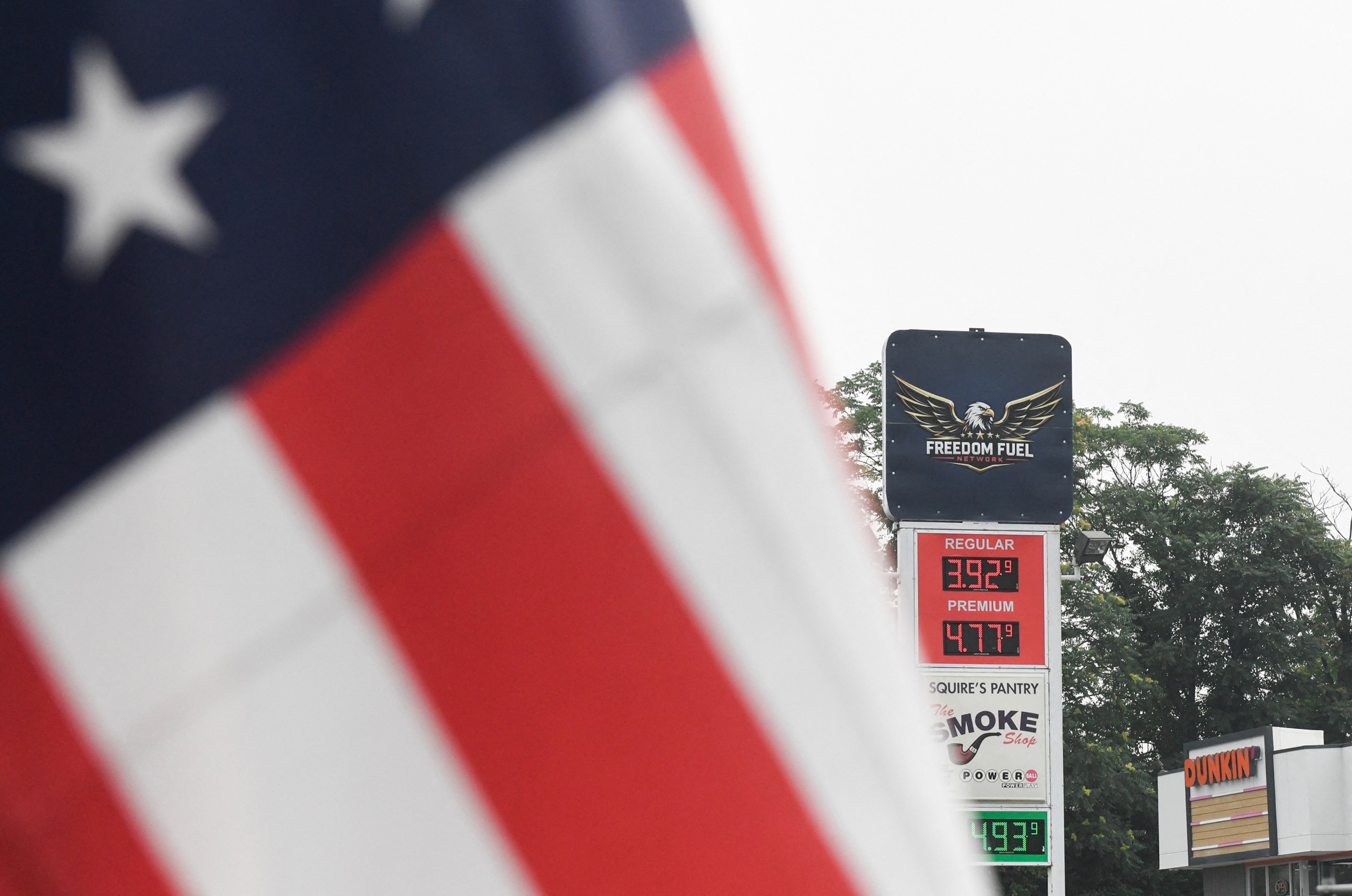 Gas prices near the regional average are displayed at a Freedom Fuel Network gas station in Boothwyn, Pennsylvania on July 17, 2026.Matthew Hatcher/AFP via Getty Images