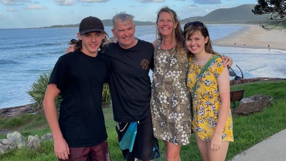 Image caption,Jeremy Webb, left, with his family, including his mother Myfanwy Webb