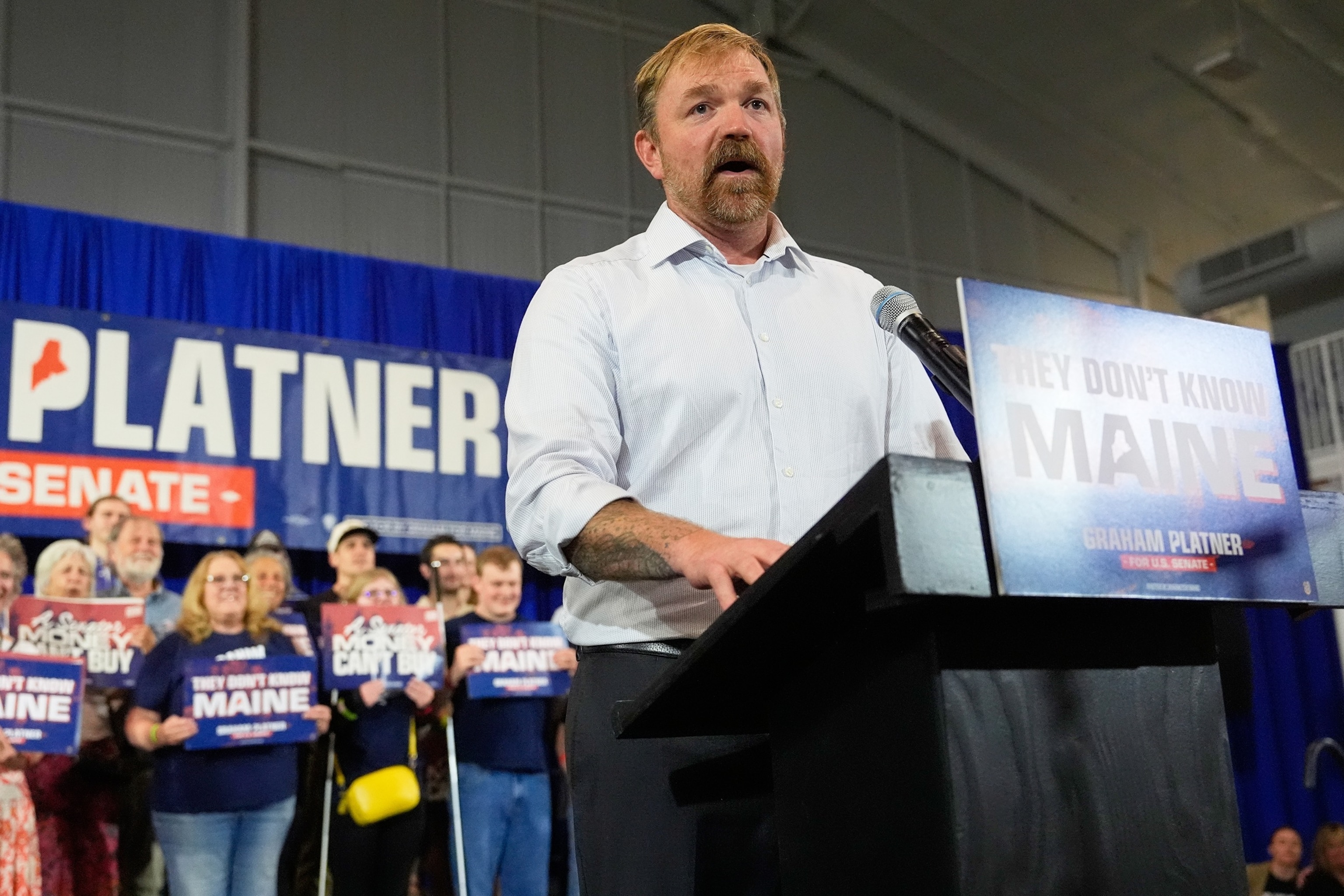 Democratic U.S. Senate candidate Graham Platner speaks during a primary election night watch party after winning the Democratic nomination, June 9, 2026, in Blue Hill, Maine.Robert F. Bukaty/AP Photo