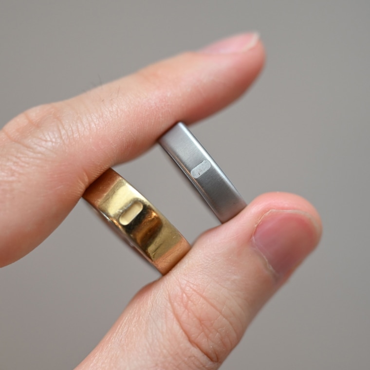 The size difference between the Oura Ring 5 (silver, above) and Oura Ring 4 (gold, below) is instantly noticeable.Courtesy Harry Rabinowitz