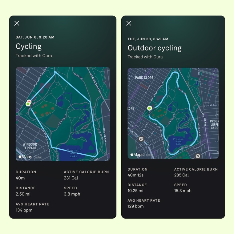 Automatic tracking (left) is much less accurate than manually starting and stopping workouts (right), especially with outdoor exercise.Oura