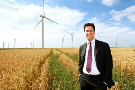 Ed Miliband, seen here in 2009 at the Little Cheyne Court windfarm in Kent, was also energy secretary under Gordon Brown.Photograph: Graeme Robertson/The Guardian