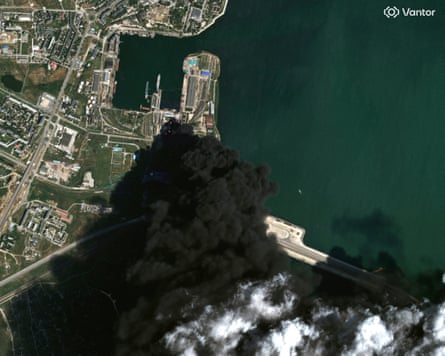 Fuel storage tanks burning after an attack in Kerch, Crimea, last month.Photograph: Vantor/Reuters
