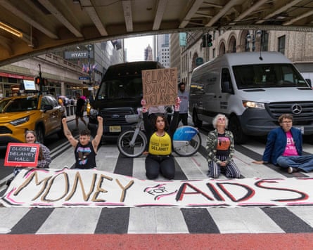 A protest in New York calling for the closure of Delaney Hall immigrant detention centre and denouncing the Trump administration’s cuts to HIV/Aids funding.Photograph: G Randazzo/Zuma