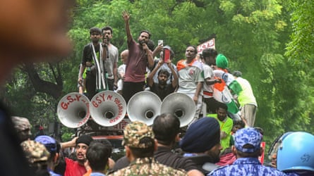 Abhijeet Dipke at a march organised by the CJP on Monday demanding the resignation of Dharmendra Pradhan.Photograph: Kabir Jhangiani/NurPhoto/Shutterstock