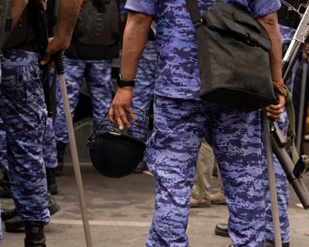 Members of the Rapid Action Force deployed at the protest site near Jantar Mantar in New Delhi on Monday.Photograph: Jai Thakur/Zuma Press Wire/Shutterstock