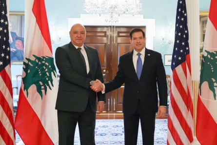 The Lebanese president, Joseph Aoun, is greeted by the US secretary of state, Marco Rubio, in Washington DC.Photograph: Lebanese Presidency/AFP/Getty Images