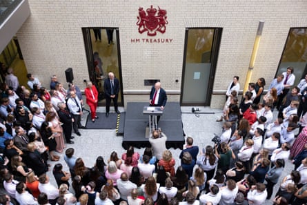 John Healey addressing new Treasury colleagues on Tuesday. He is known for remembering details about people and their lives.Photograph: Kirsty O’Connor/Treasury