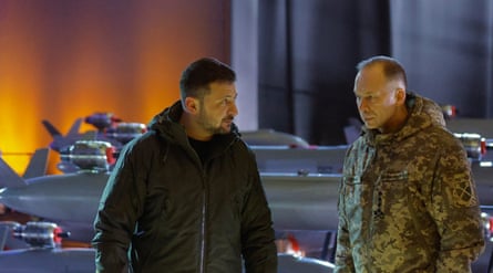 Volodymyr Zelenskyy with Oleksandr Syrskyi at the handover of drone missiles to the Ukrainian army in Kyiv in December 2024.Photograph: Sergey Dolzhenko/EPA
