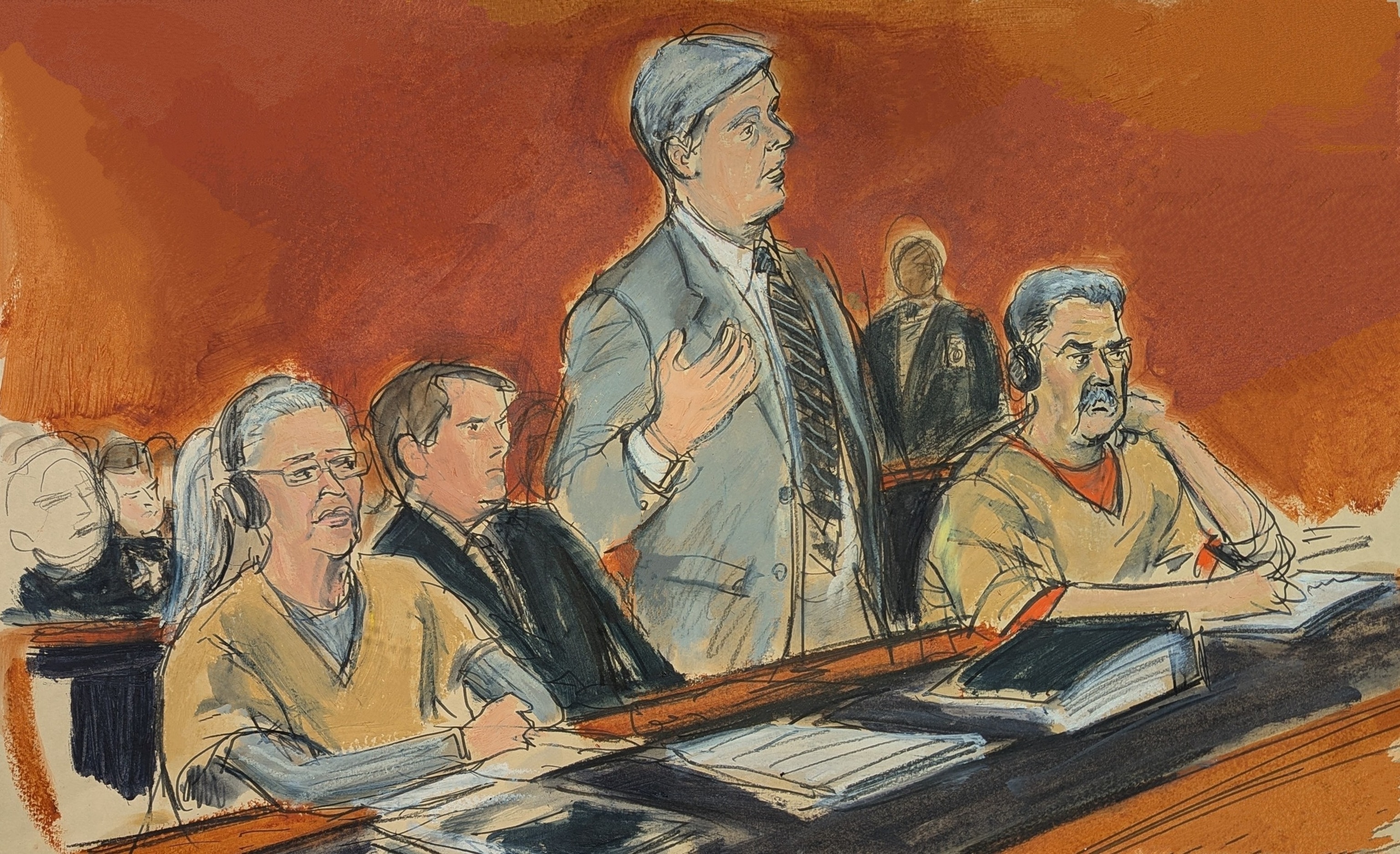 Former Venezuelan President Nicolas Maduro, far right, listens as his defense attorney, Barry Pollack, center, addresses Judge Alvin Hellerstien (not pictured), as Maduro's wife Cilia Flores, far left, looks on. Thursday, March 26, 2026, in Manhattan federal court inNew York.Elizabeth Williams/AP