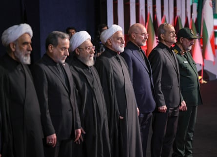 Abbas Araghchi (second left) and other top officials attending the state ceremony for the former Iranian leader Ali Khamenei, killed on 28 February.Photograph: Anadolu/Getty Images