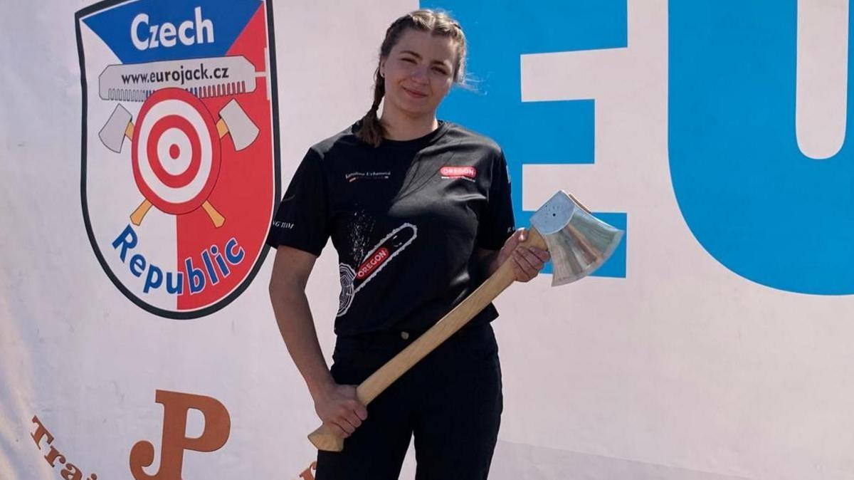 Image caption,Karolina Urbanova, 24, found out about lumberjack sports though a neighbour