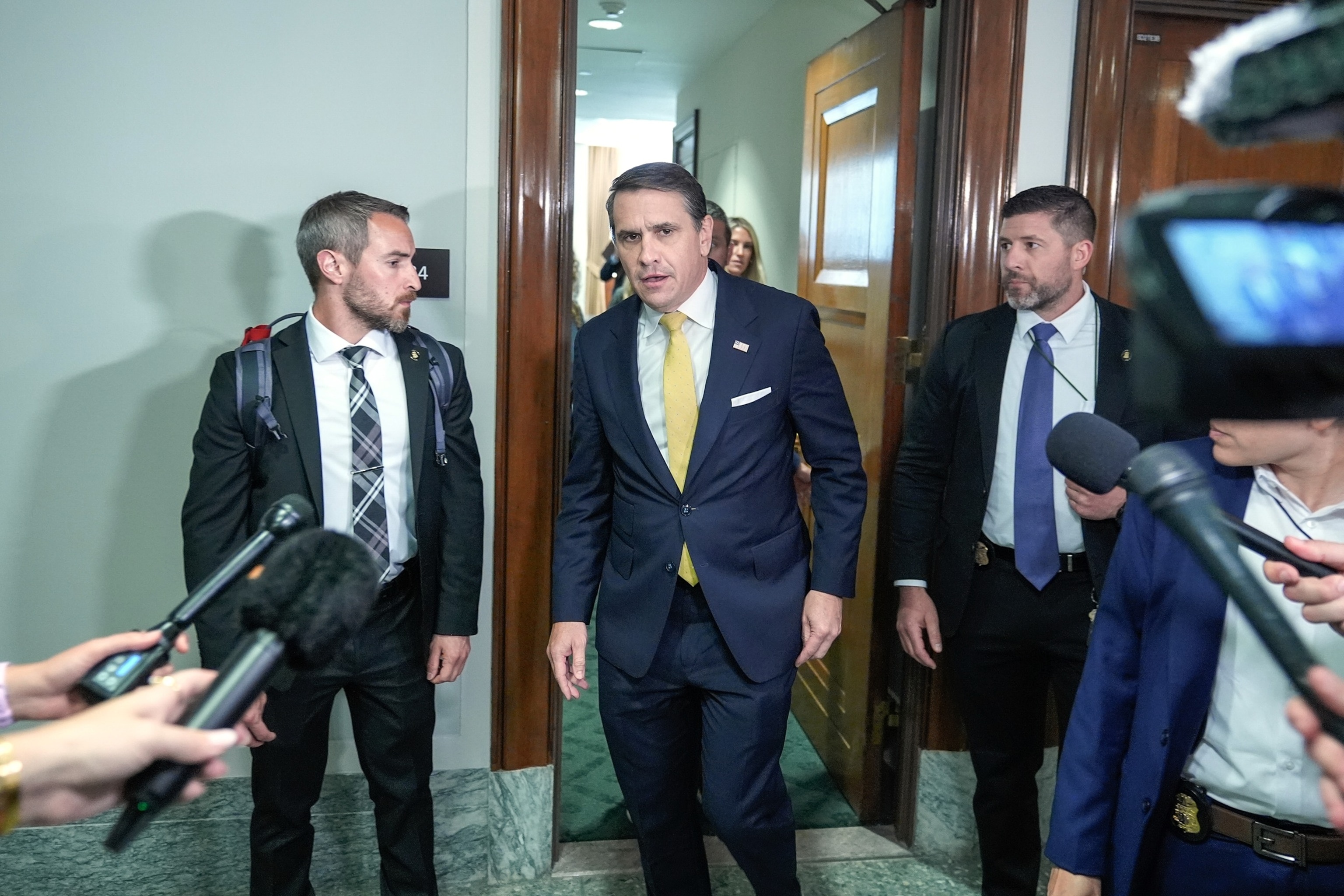 Acting Attorney General Todd Blanche walks to speak with reporters after attending a meeting related to survivors of convicted sex offender Jeffrey Epstein, in Washington, July 16, 2026.Mariam Zuhaib/AP Photo