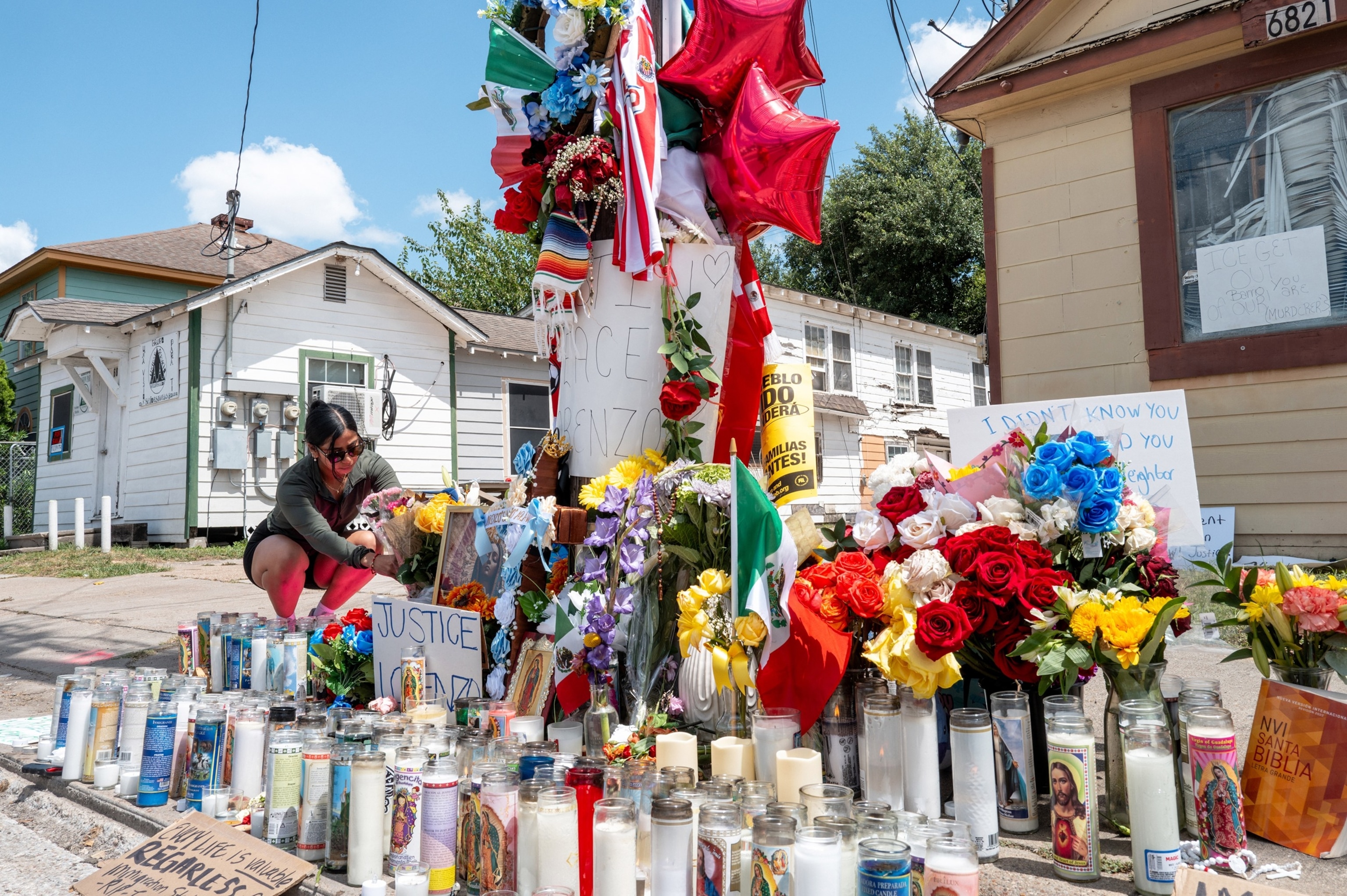 A person places flowers at the site where Mexican immigrant Lorenzo Salgado Araujo was killed, on July 9, 2026, in Houston, Texas.Brandon Bell/Getty Images
