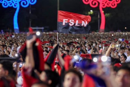 Crowds gather in Managua, Nicaragua on Sunday to commemorate the 47th anniversary of the Sandinista revolution.Photograph: Cesar Perez/El 19 DIGITAL/AFP/Getty Images