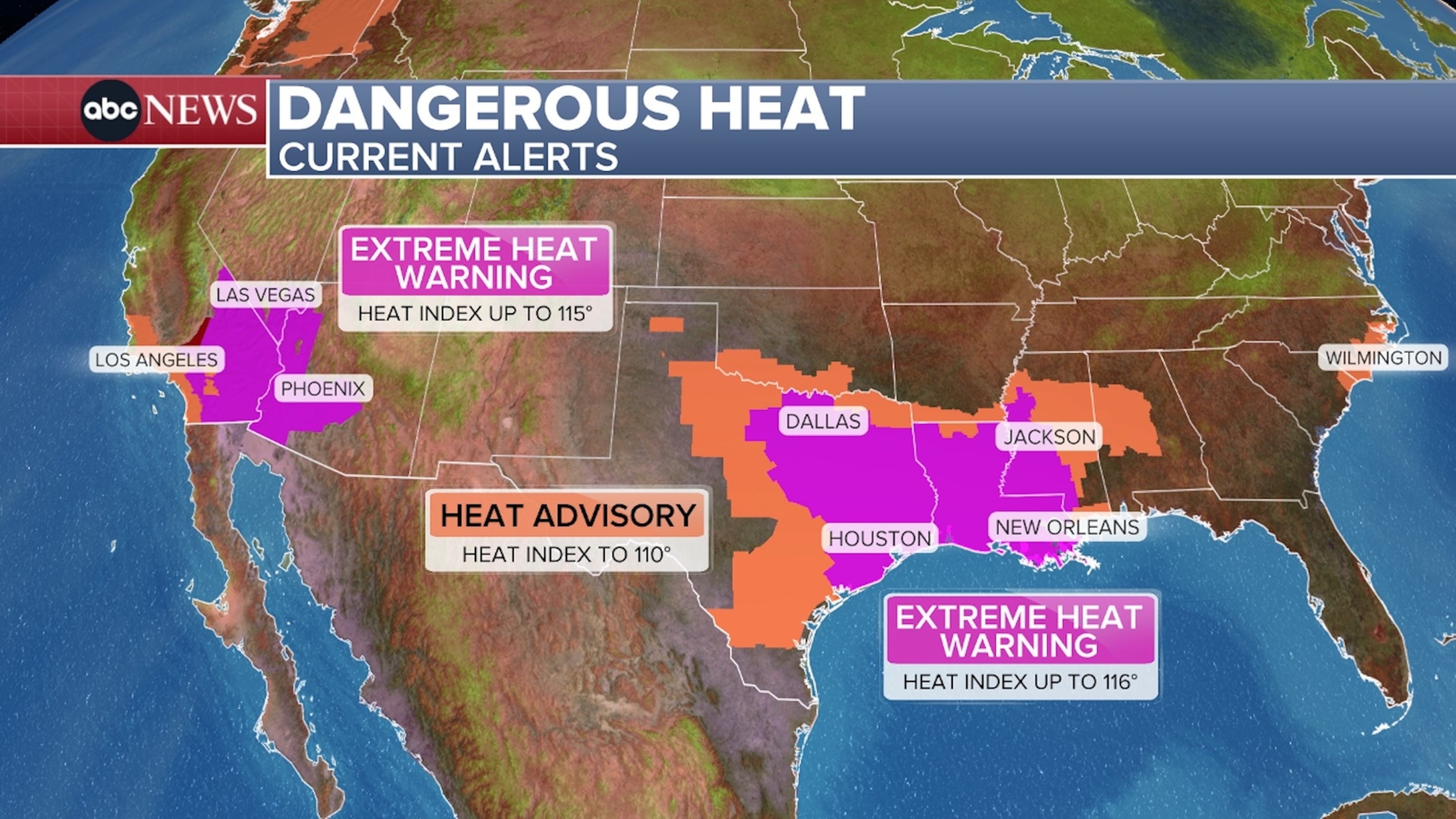 Dangerous heat expected, July 22, 2026, as Tropical Storm Bertha approaches the Louisiana coast, including New Orleans.ABC News